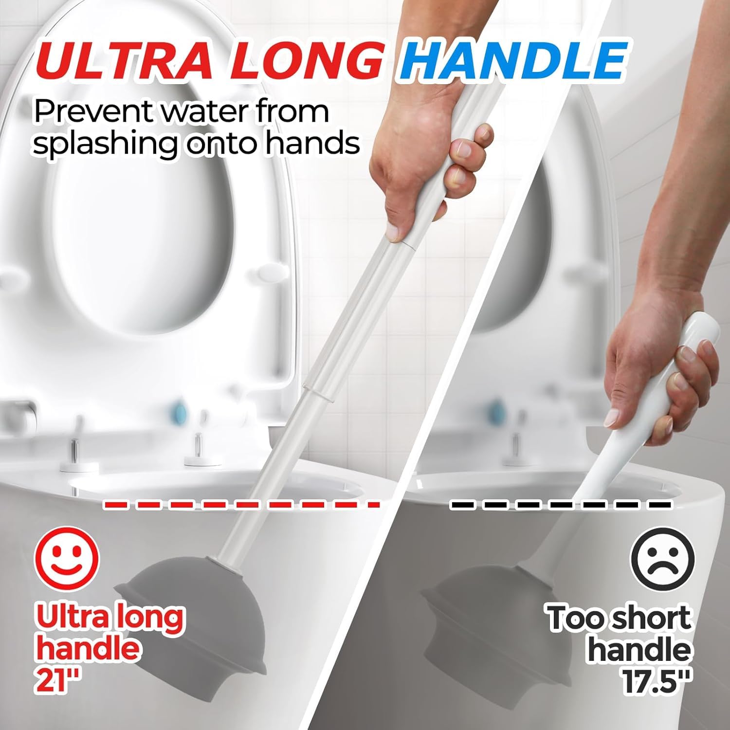 FORASTO extended-handle toilet plunger closeup for easier reach and mess-free use.