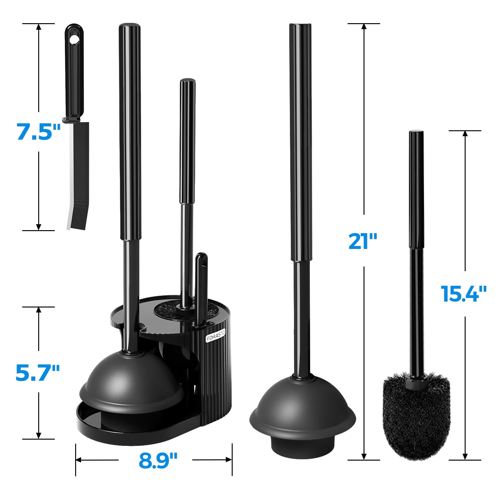In-use FORASTO set with plunger and brush cleaning a toilet