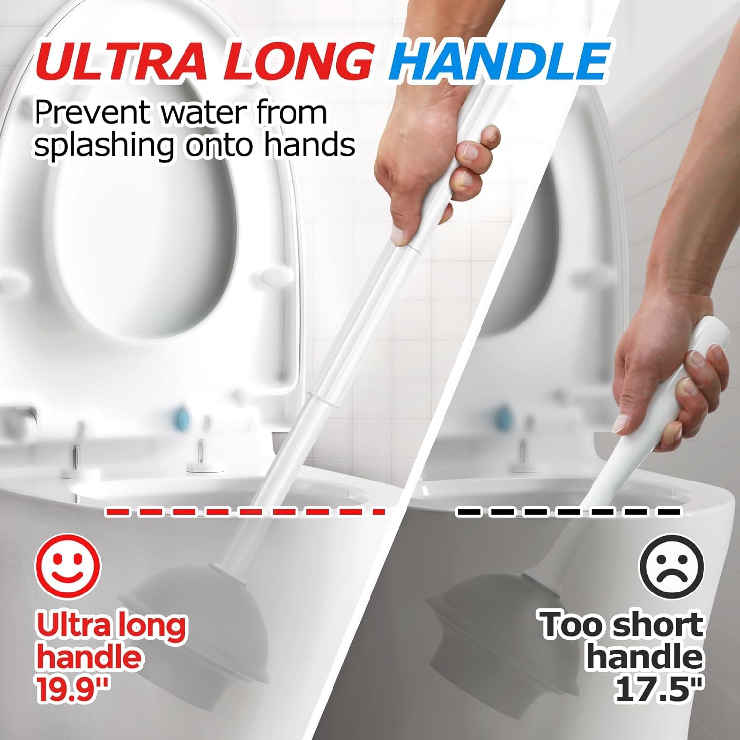 FORASTO plunger extended handle demonstrates better reach and reduced splash risk.