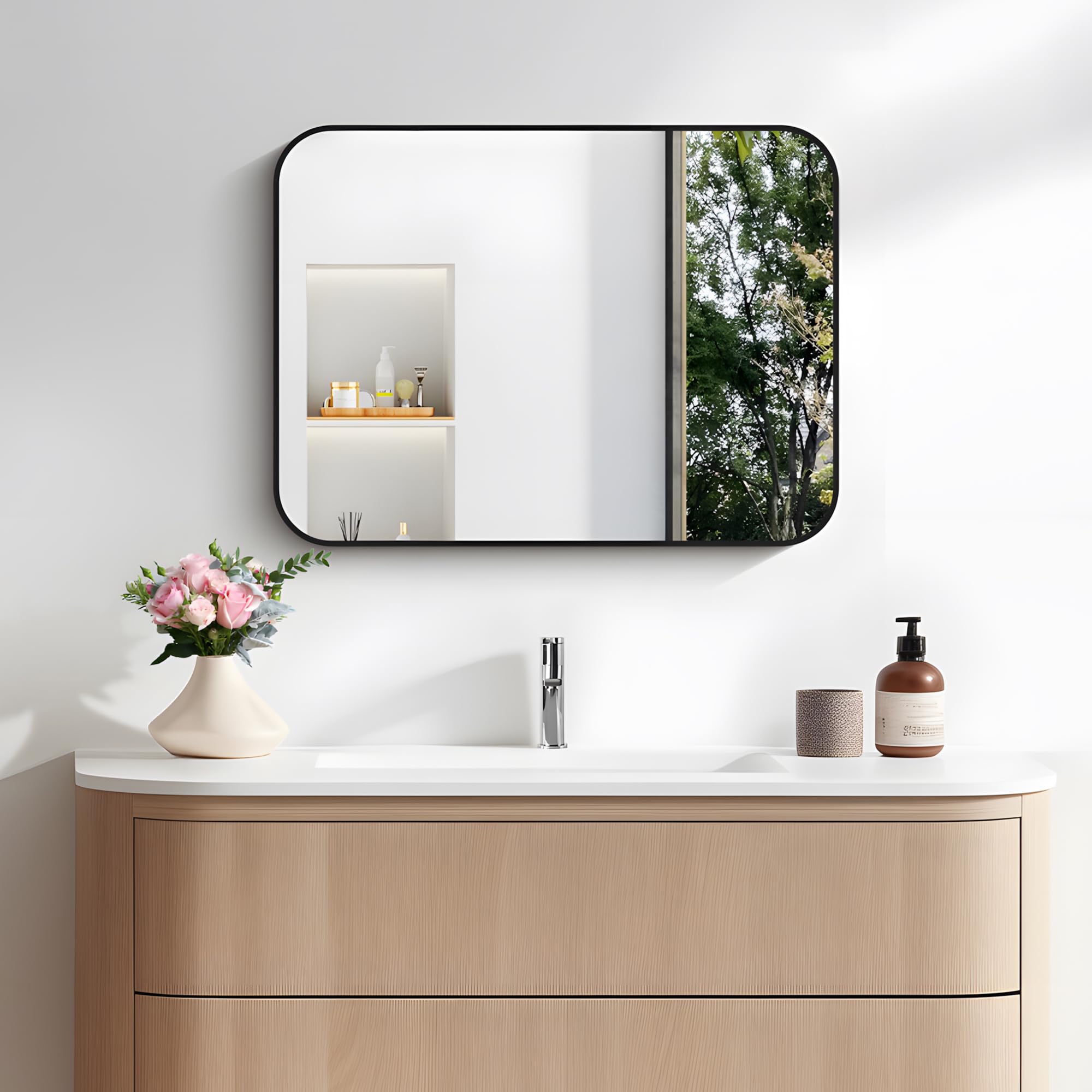 FORBATH rust-proof aluminum frame mirror withstands humidity for lasting beauty.