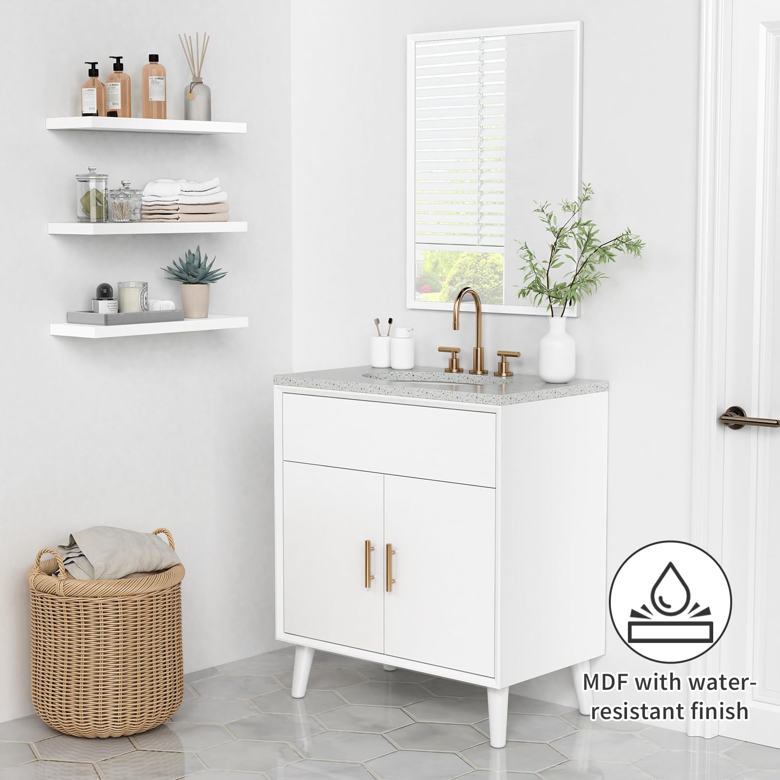 Forbena white floating shelves mounted in a bathroom for compact storage
