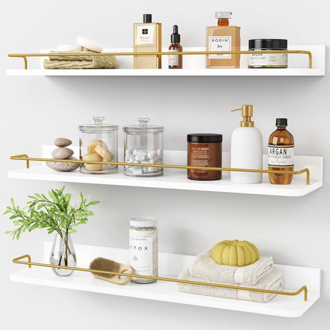 Forbena 24-inch bathroom shelves over toilet with white-gold finish provide compact storage.