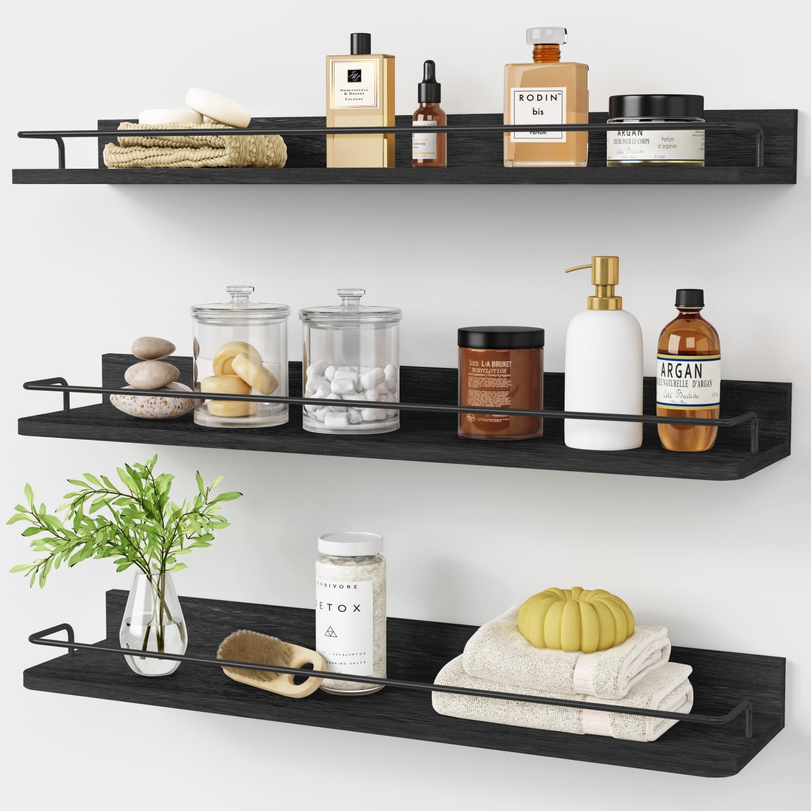 Forbena 24-inch wall shelves provide slim bedroom storage with a stylish, space-saving profile.