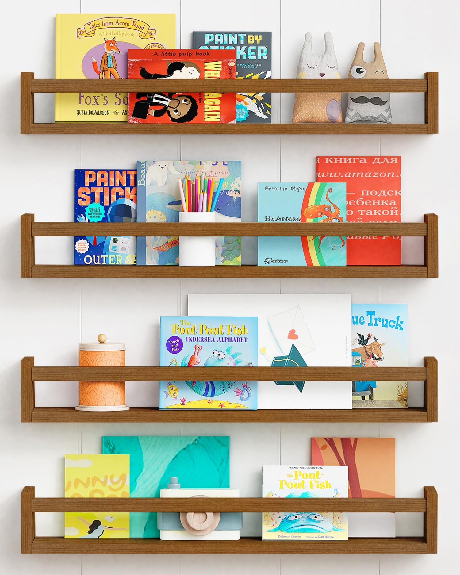 Forbena 24-inch wooden floating shelf on a nursery wall for organized storage