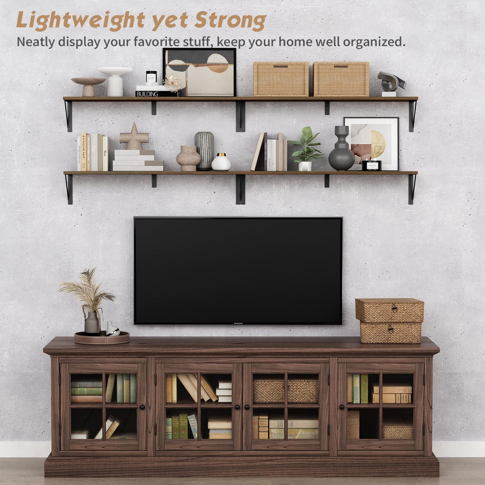 Forbena 36-inch long boards mounted on rustic triangle brackets for versatile decor