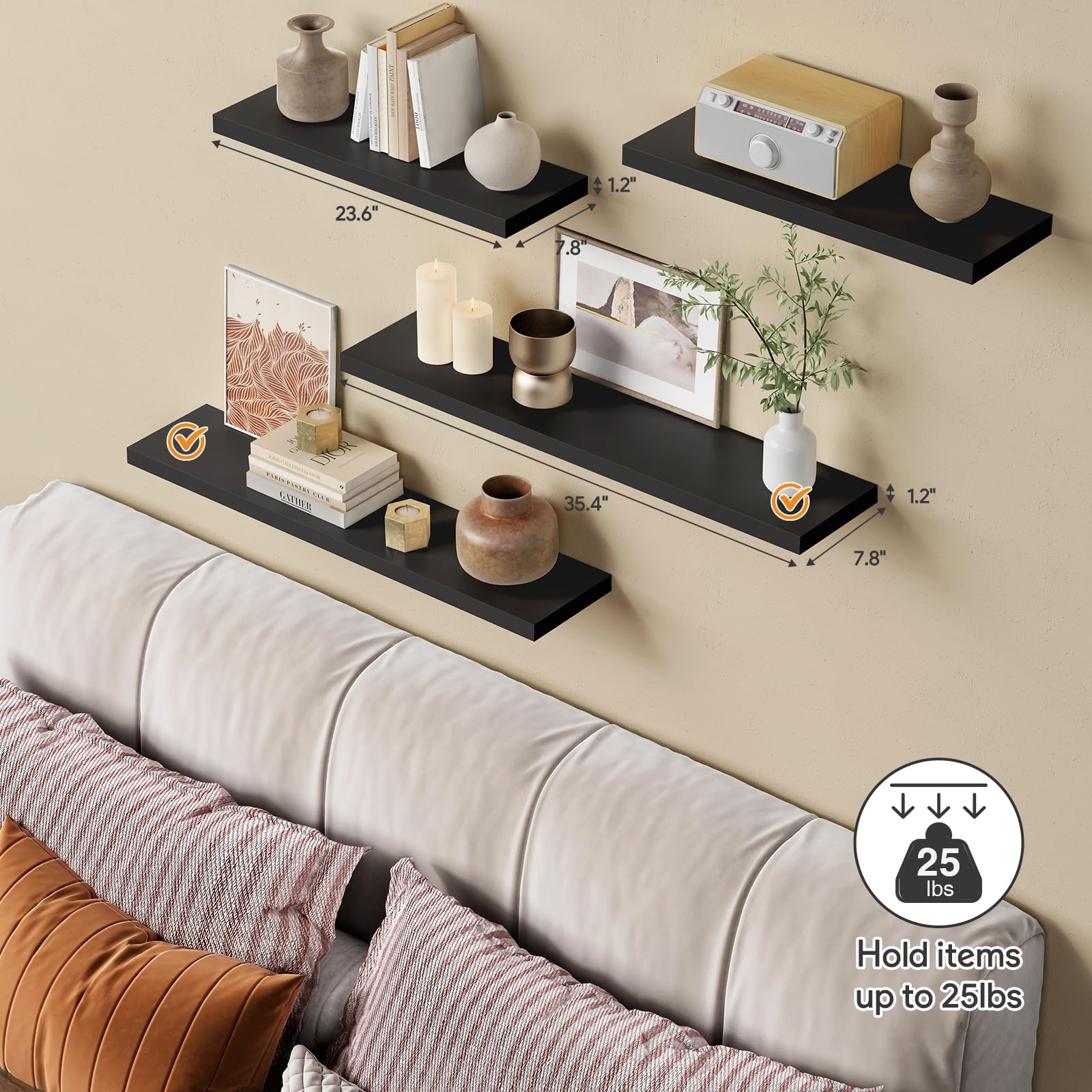 Forbena 36-inch black floating shelf in kitchen for spices and small items