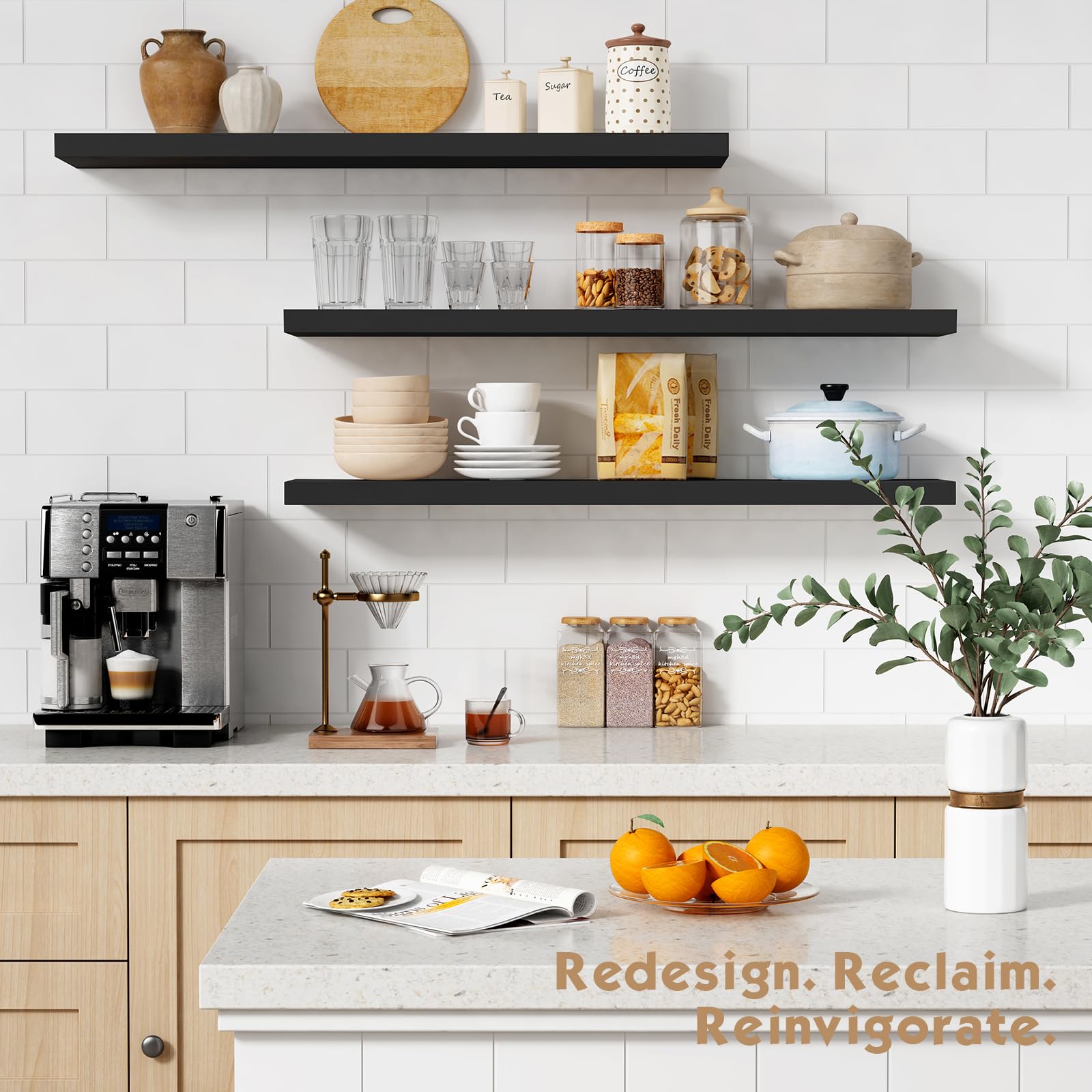 Forbena 36-inch black floating shelf in living room displays decor while saving space