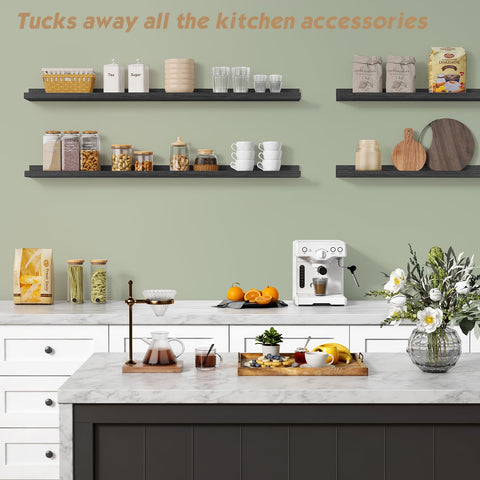 Forbena 48-inch floating shelves mounted showcase a minimalist home gallery.
