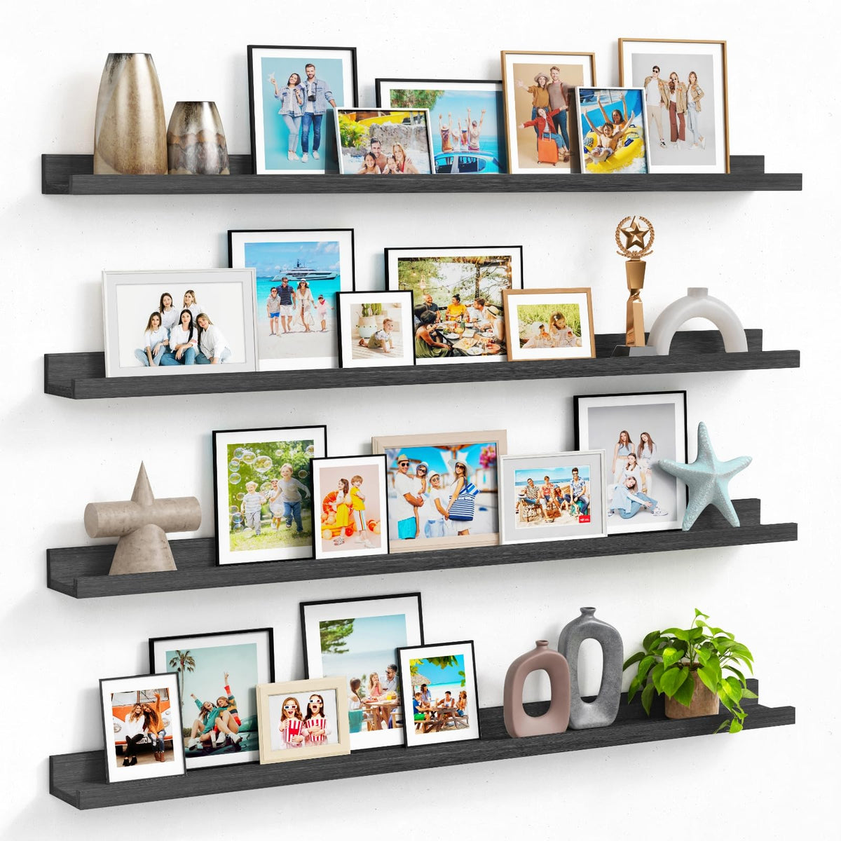 Forbena 48-inch black picture ledge set demonstrates precise, aligned display for wall photos.