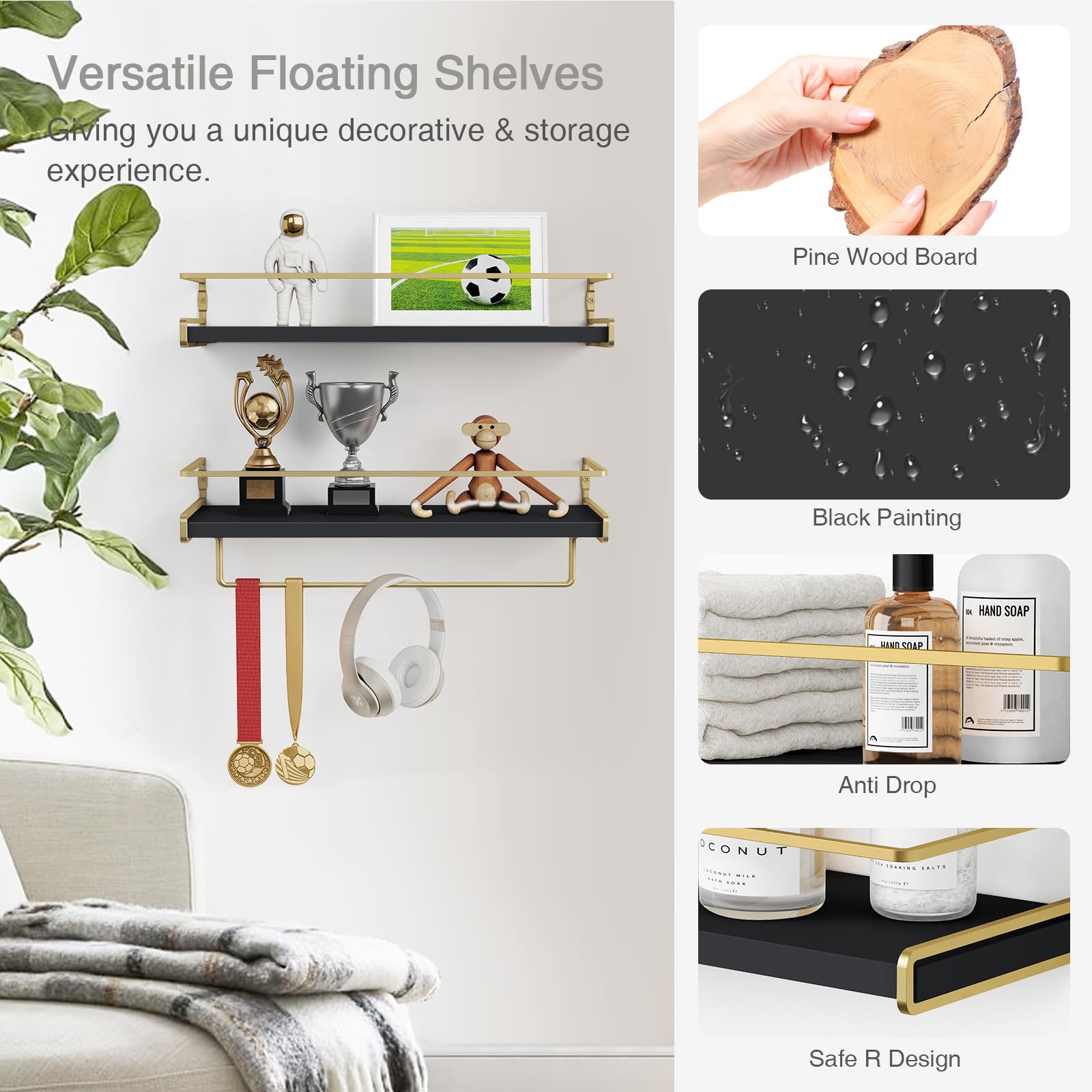 Forbena decorative shelves with gold accents in a small space.
