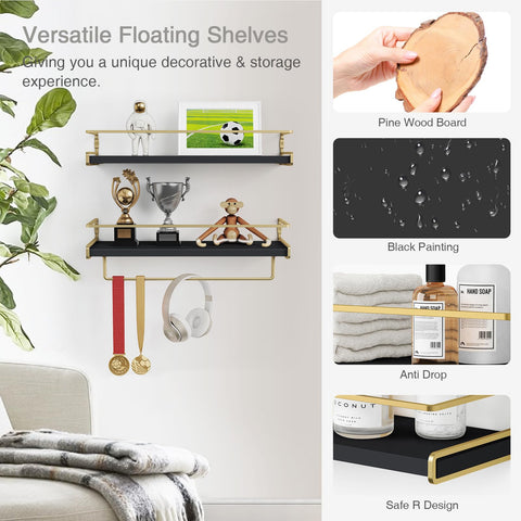 Forbena decorative shelves with gold accents in a small space.