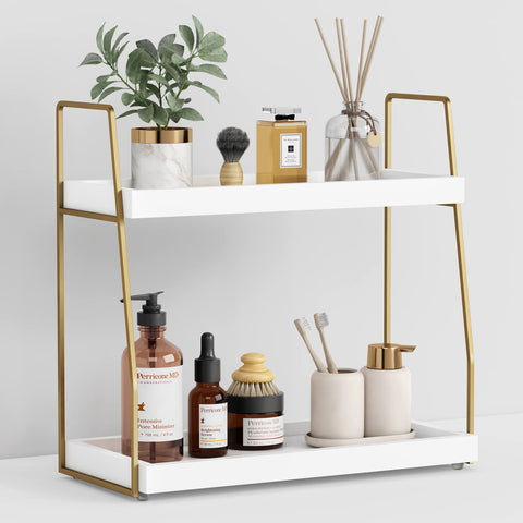 Forbena 2-tier white-gold organizer, front view, keeps vanity tidy.