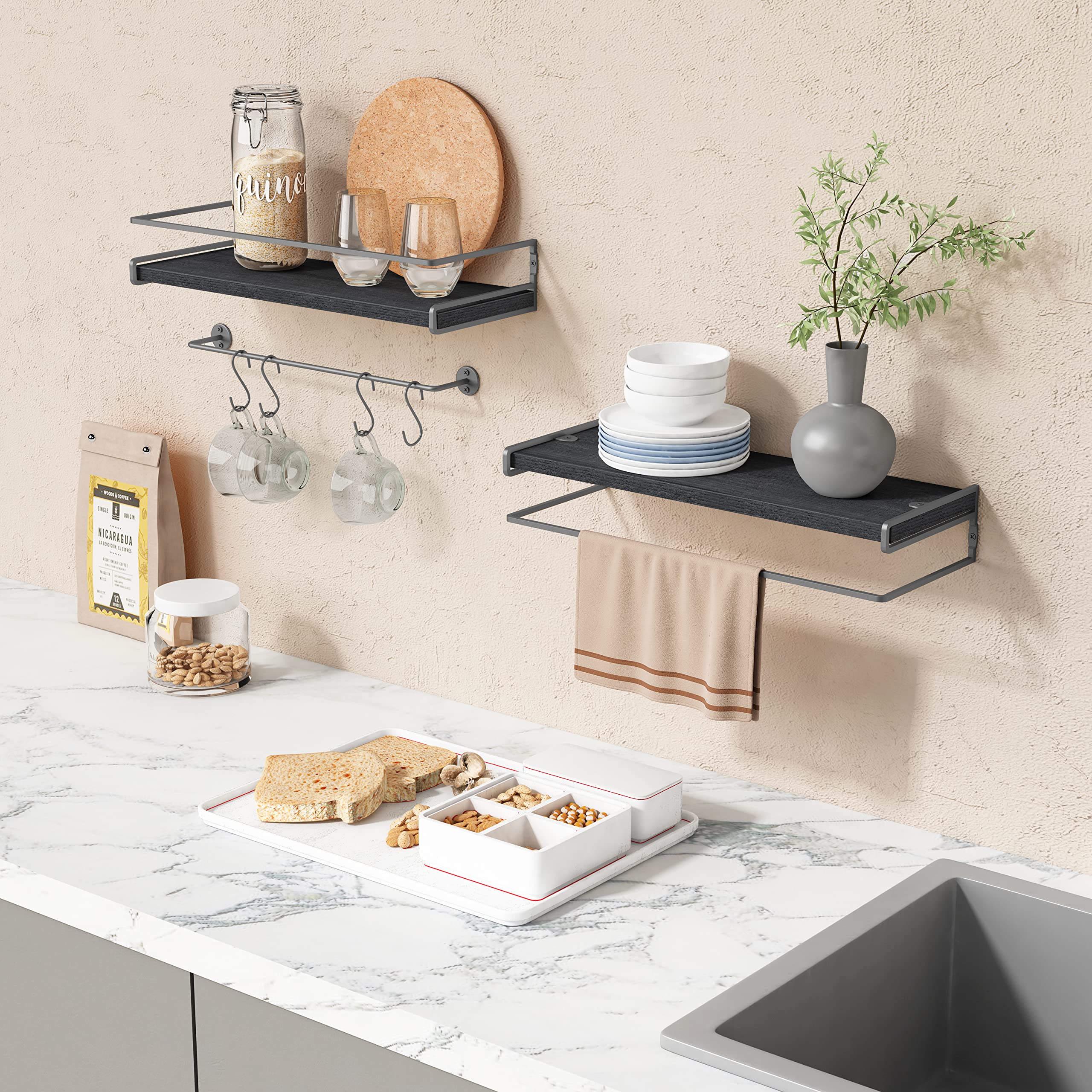 Forbena bathroom shelf with towel bar keeps essentials organized.