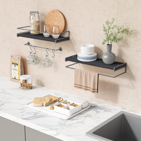 Forbena bathroom shelf with towel bar keeps essentials organized.