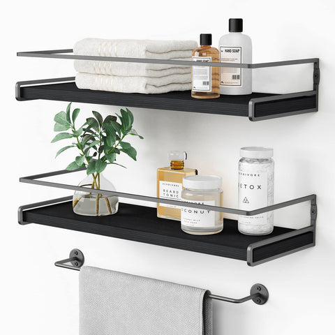 Forbena black floating bathroom shelf with towel bar offers sturdy storage.
