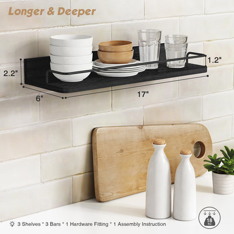 Forbena black floating shelves kitchen storage with lip rail keeps items secure and organized