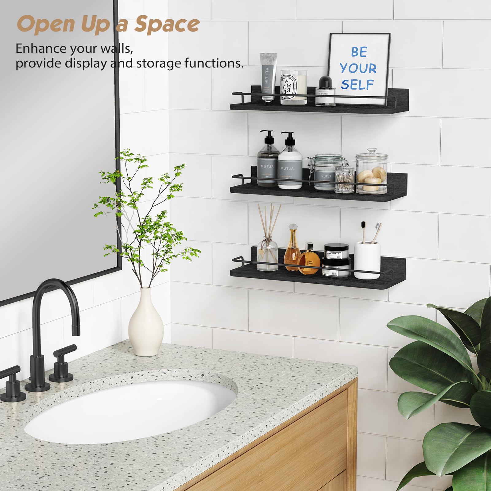 Forbena black floating shelves living room display for plants and photos