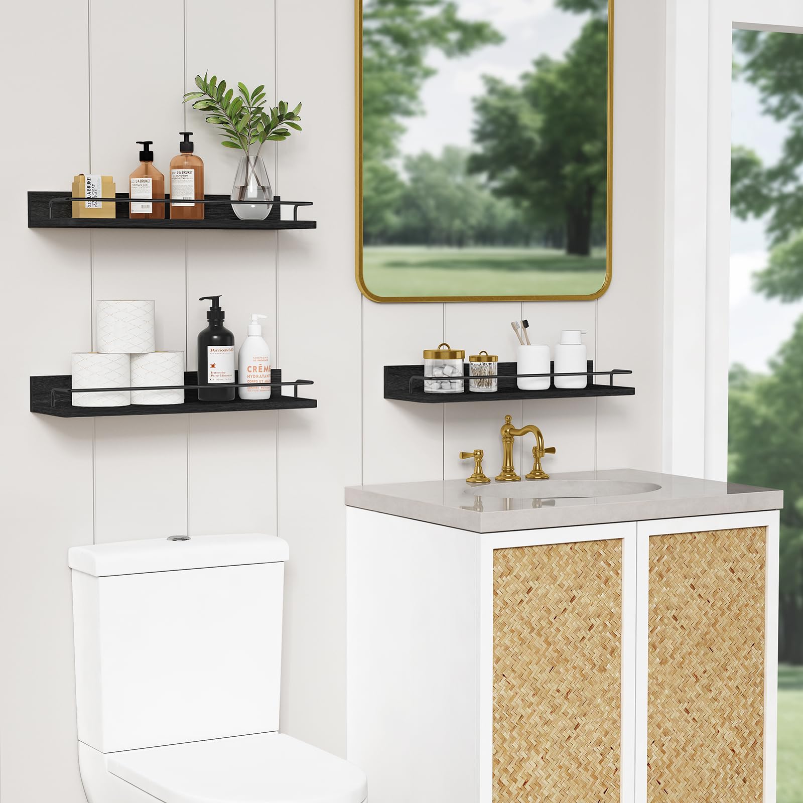Forbena black floating shelves over toilet provide extra bathroom storage