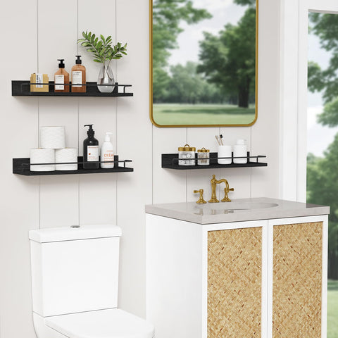 Forbena black floating shelves over toilet provide extra bathroom storage