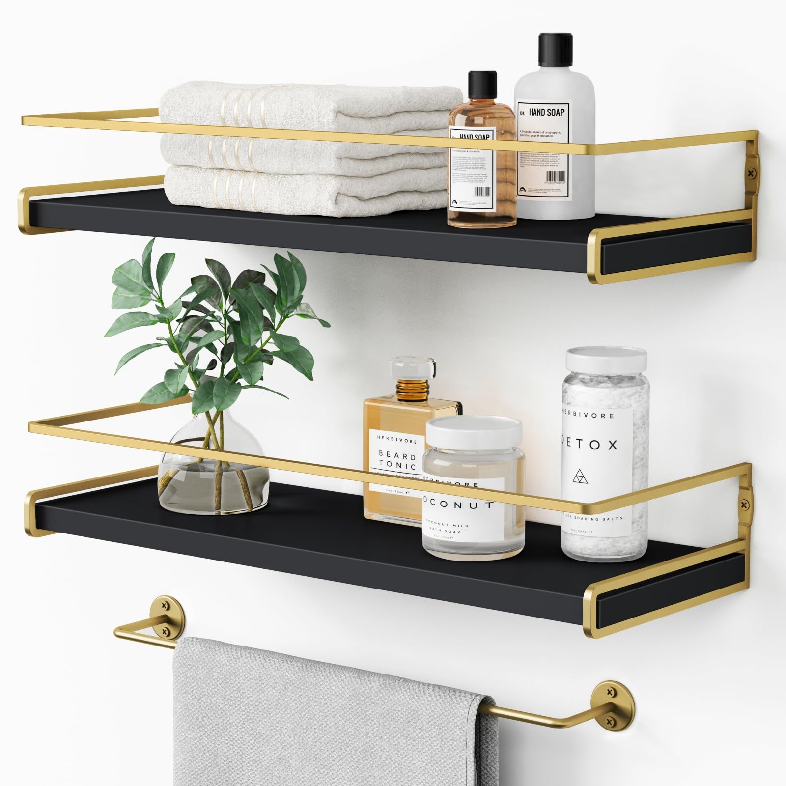 Forbena black and gold wall shelves showing space-saving style.