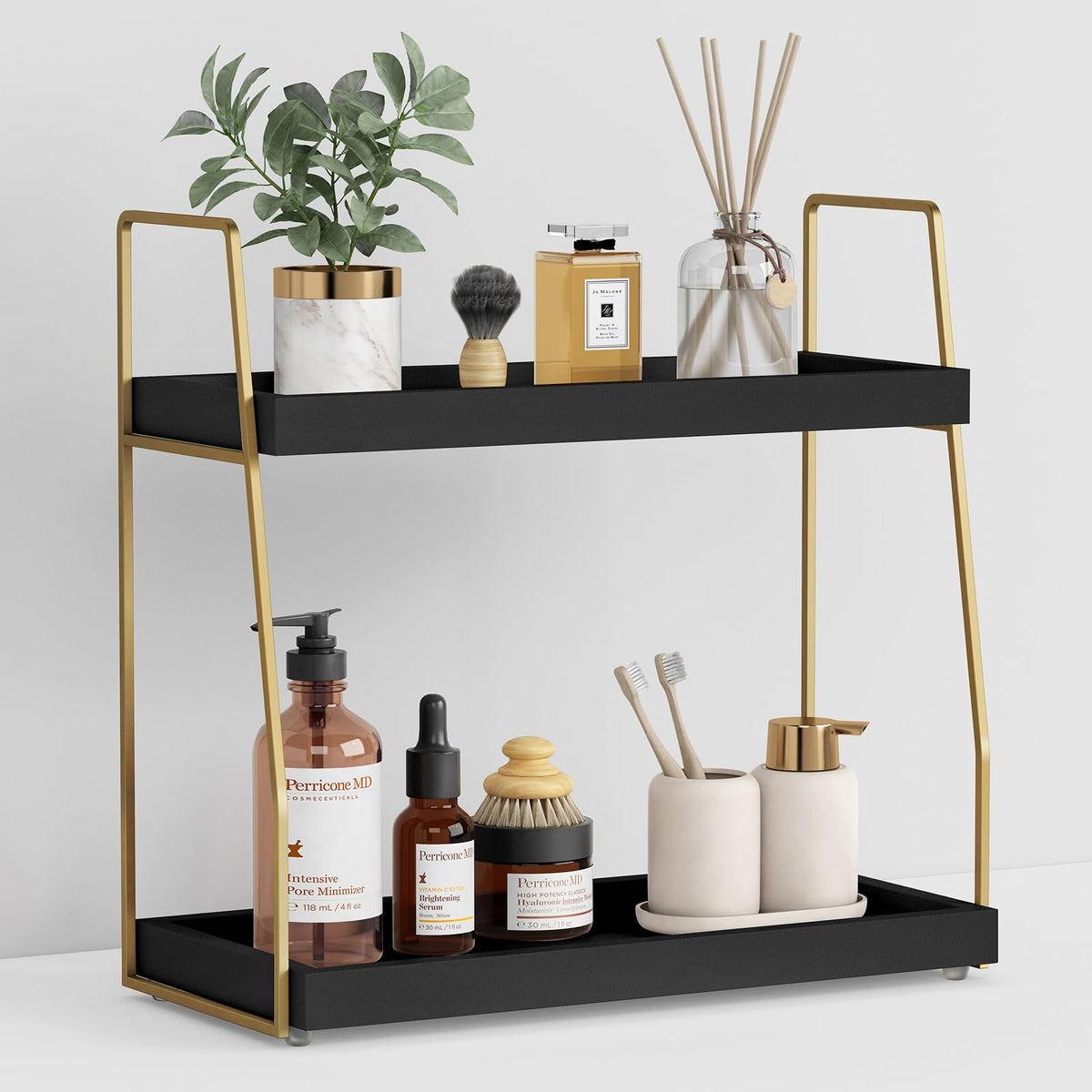 Forbena black and gold bathroom organizer front view showing space-saving two-tier design