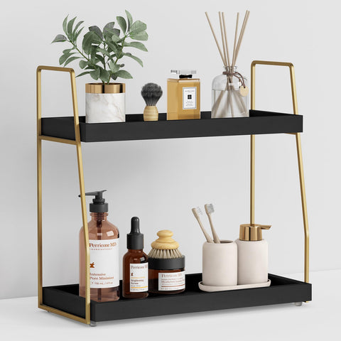 Forbena black and gold bathroom organizer front view showing space-saving two-tier design