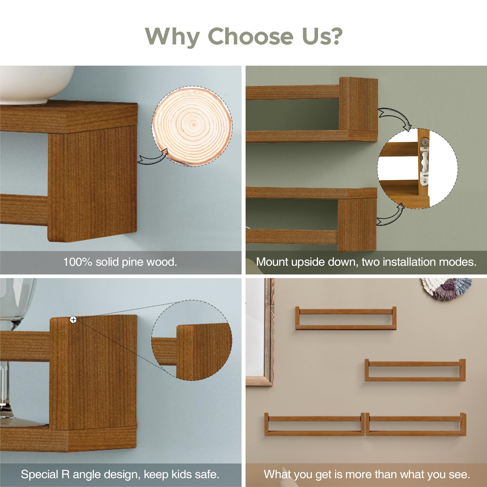 Forbena pine wood shelves offer sturdy storage with easy mounting.