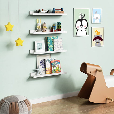 Forbena wall-mounted shelf line displays children's books in an organized play area.