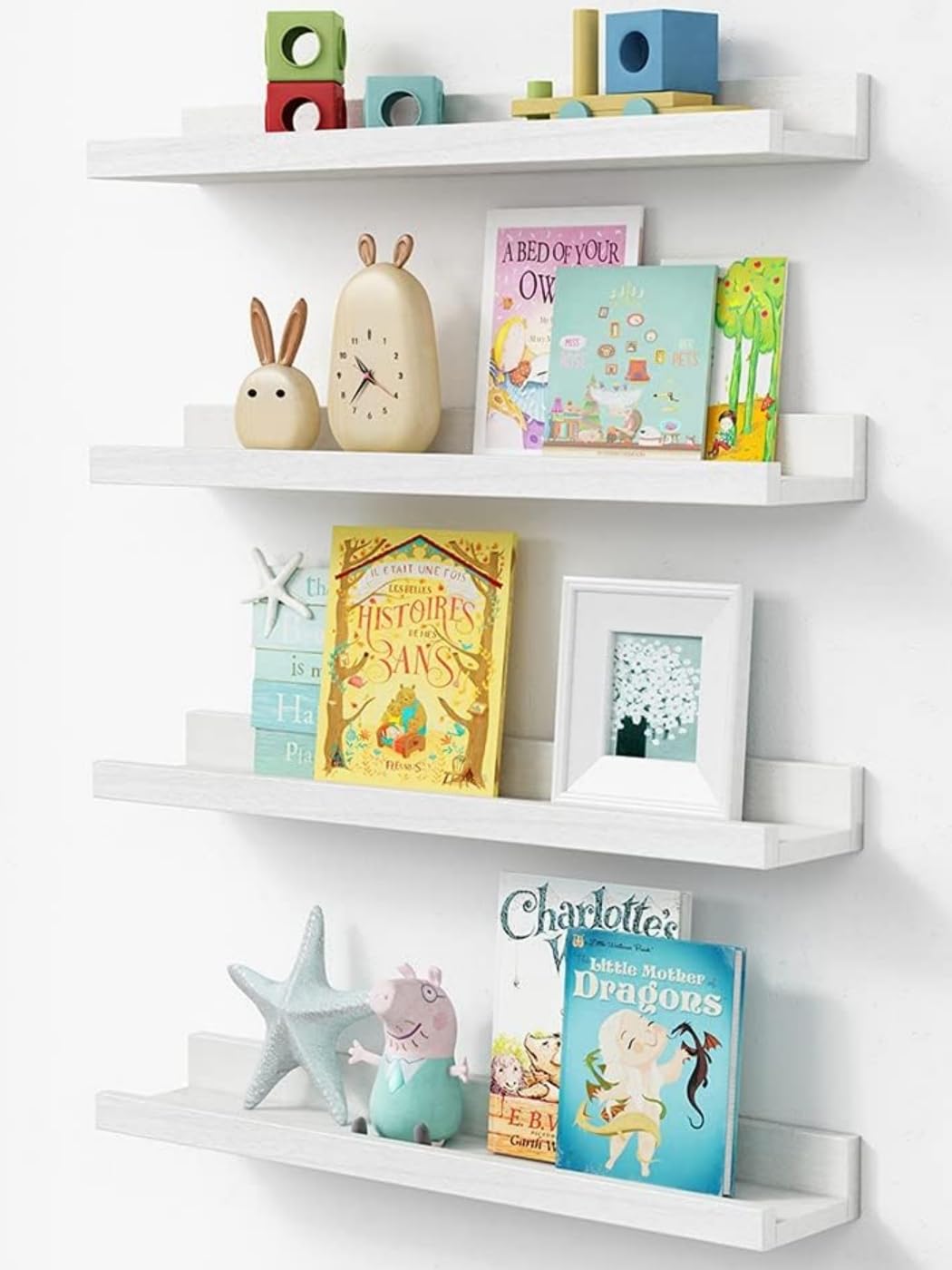 Forbena floating nursery shelf lip white for easy access to bedtime books.