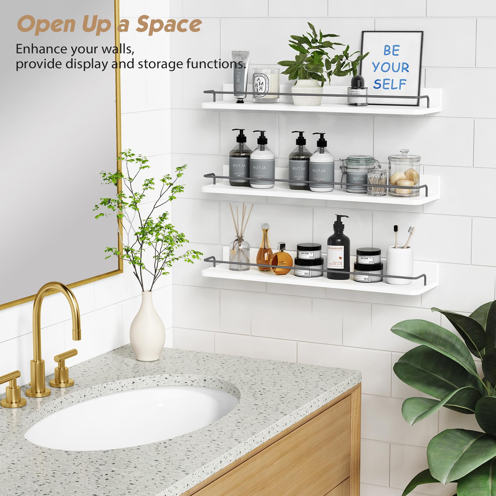 Forbena living room shelves display plants and small decor items.
