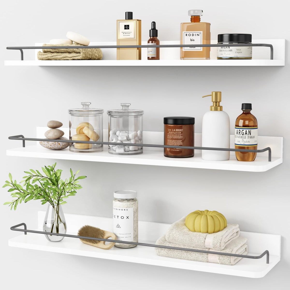 Forbena 24-inch floating shelves above the toilet with extra storage and style.