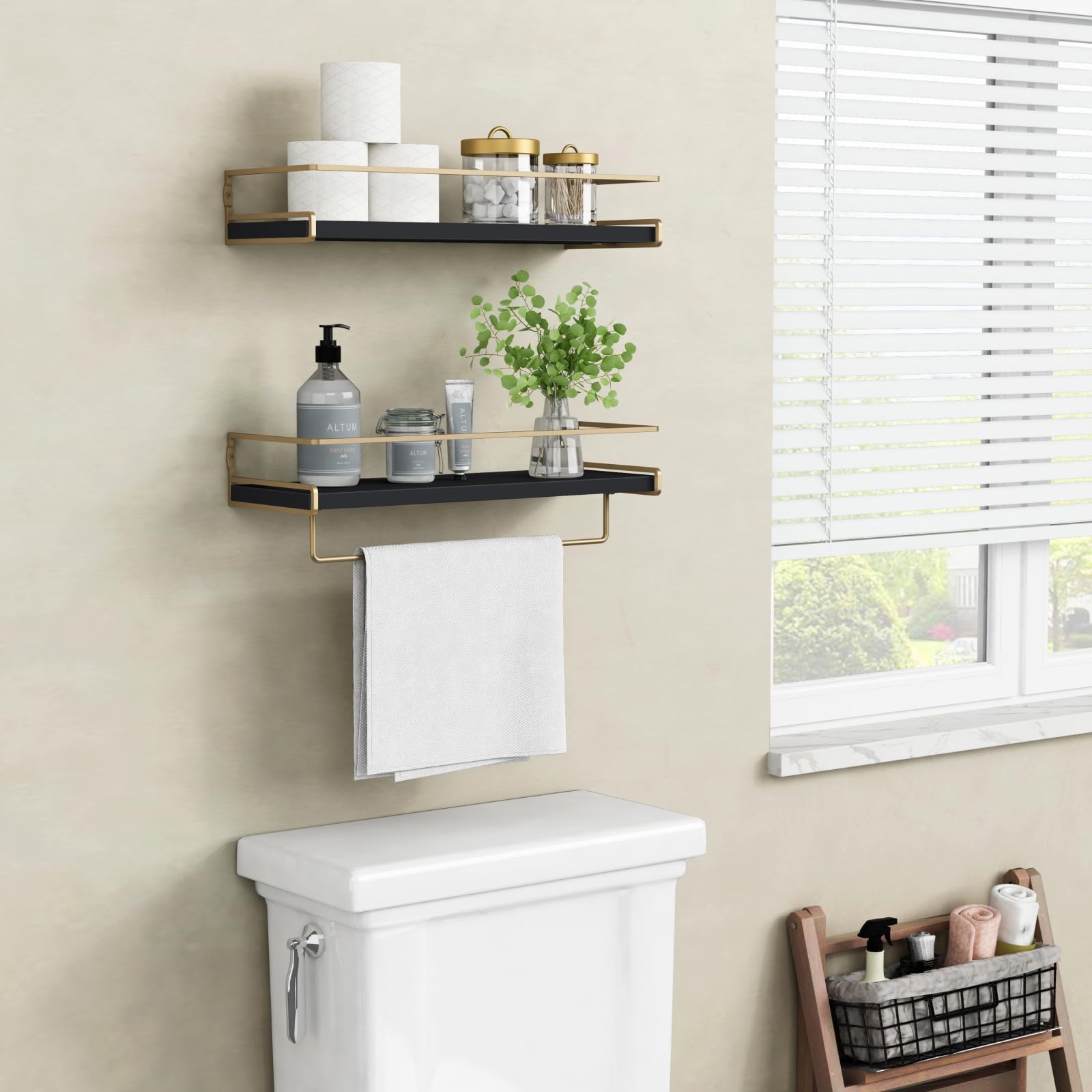 Forbena floating shelves with guard rail keeping items secure.