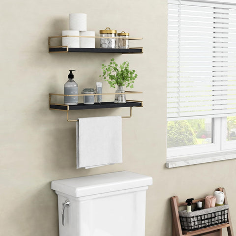 Forbena floating shelves with guard rail keeping items secure.