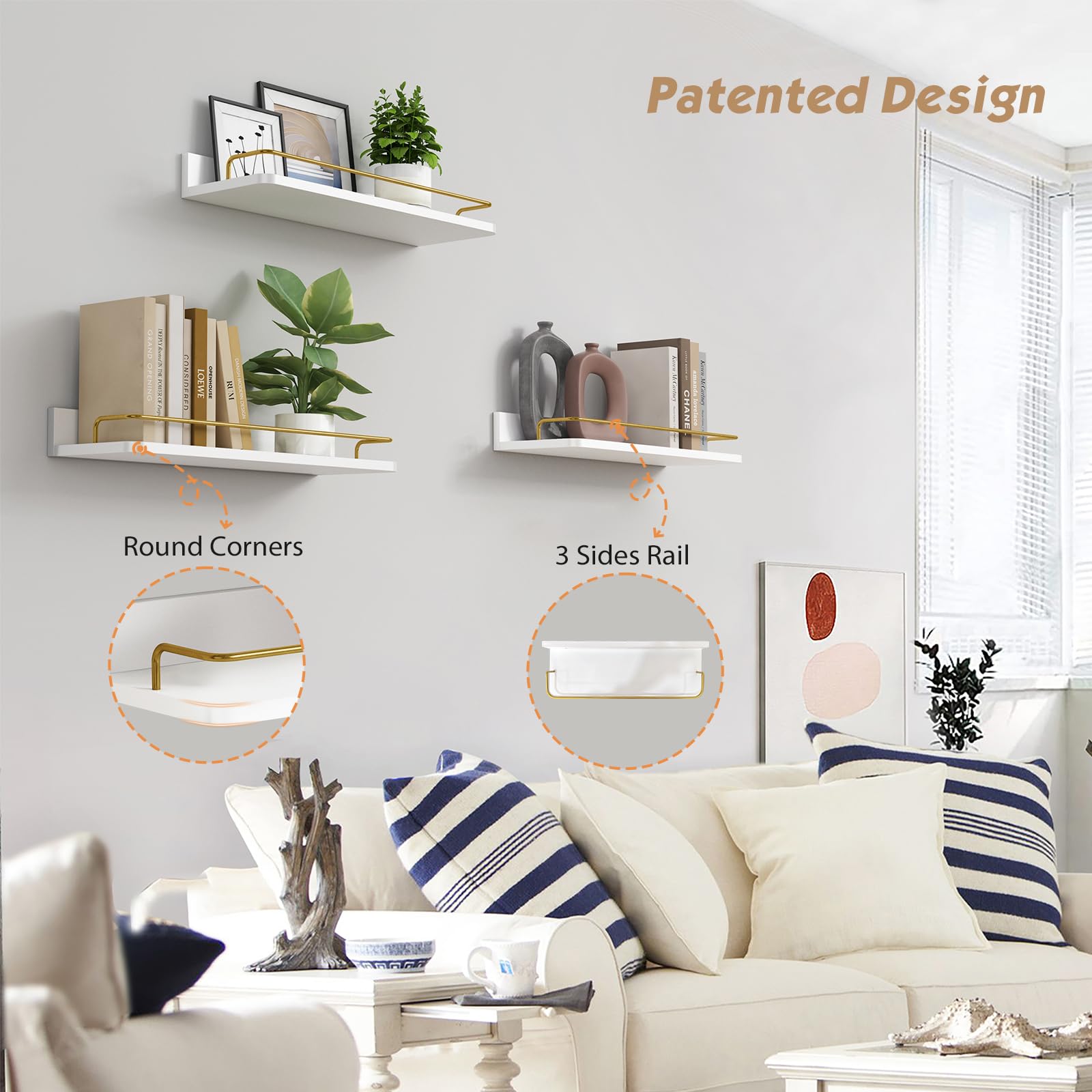 Forbena floating shelves with guard rail prevent items from falling
