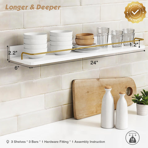 Forbena white-gold shelving boosts bathroom organization with an elegant architectural touch.