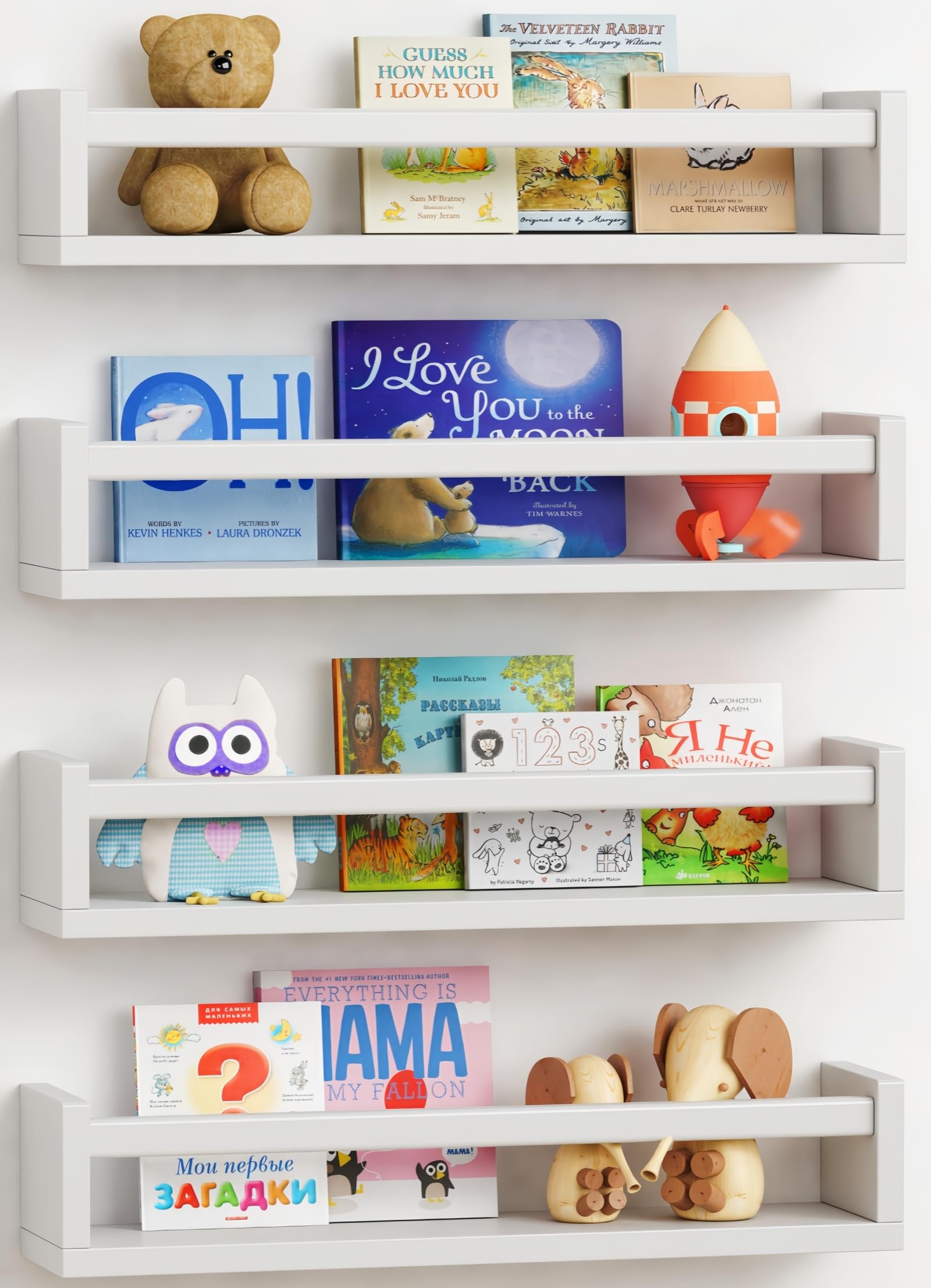 Forbena floating shelves in white provide tidy book and toy storage for nurseries.