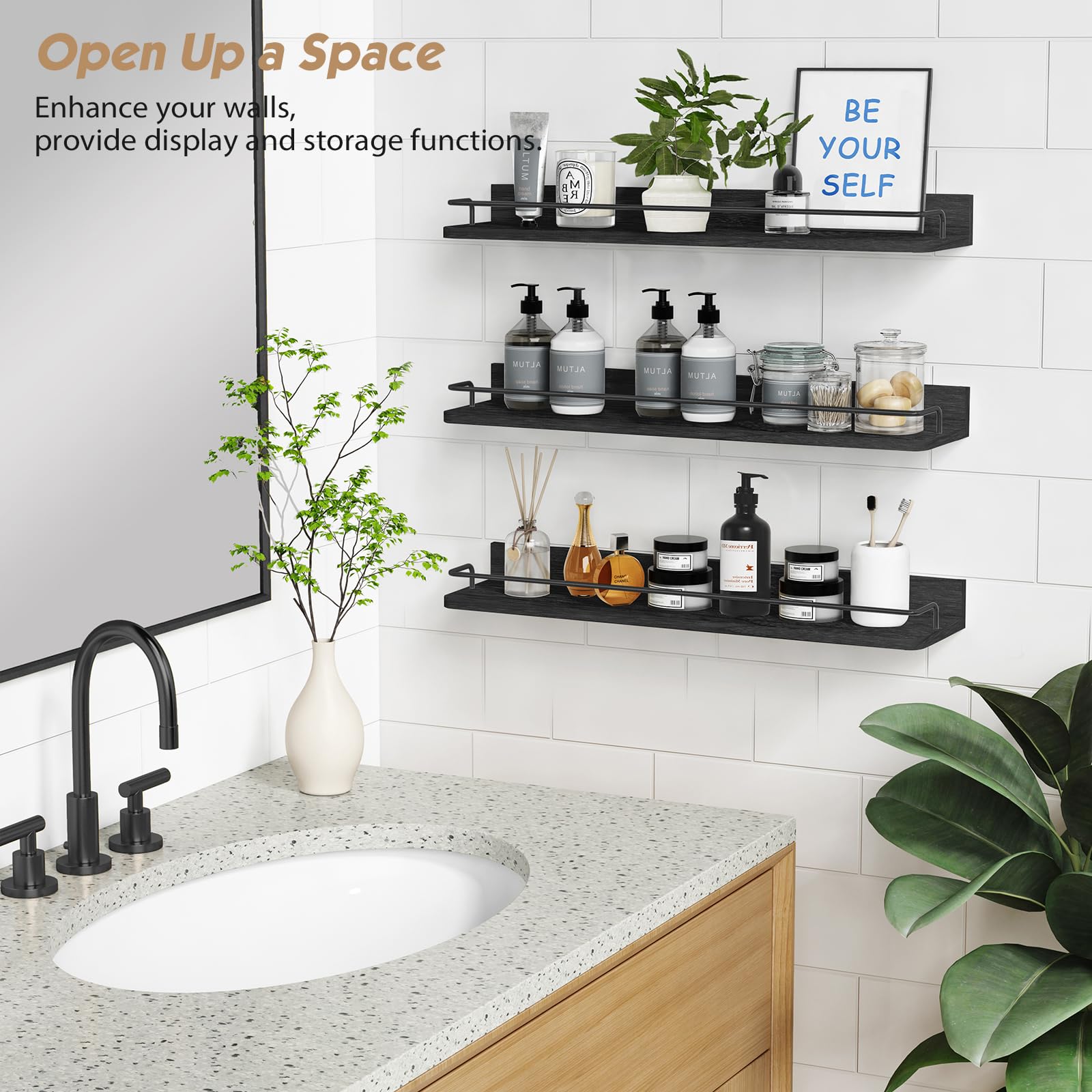 Forbena floating shelves with rail secure display for decor and essentials in any room.
