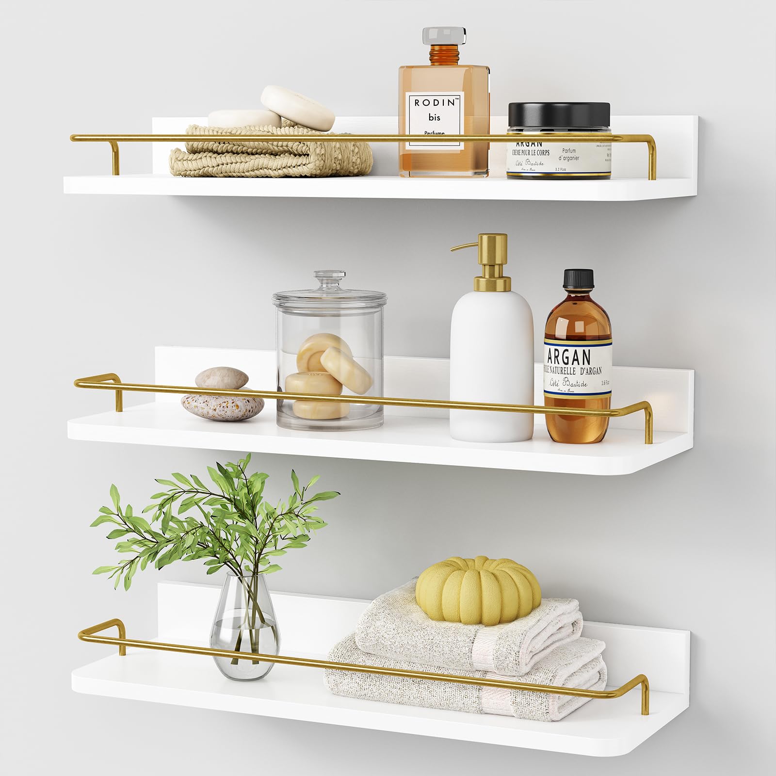 Forbena gold floating shelves over toilet offer compact storage and decorative display