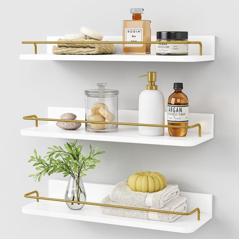 Forbena gold floating shelves over toilet offer compact storage and decorative display