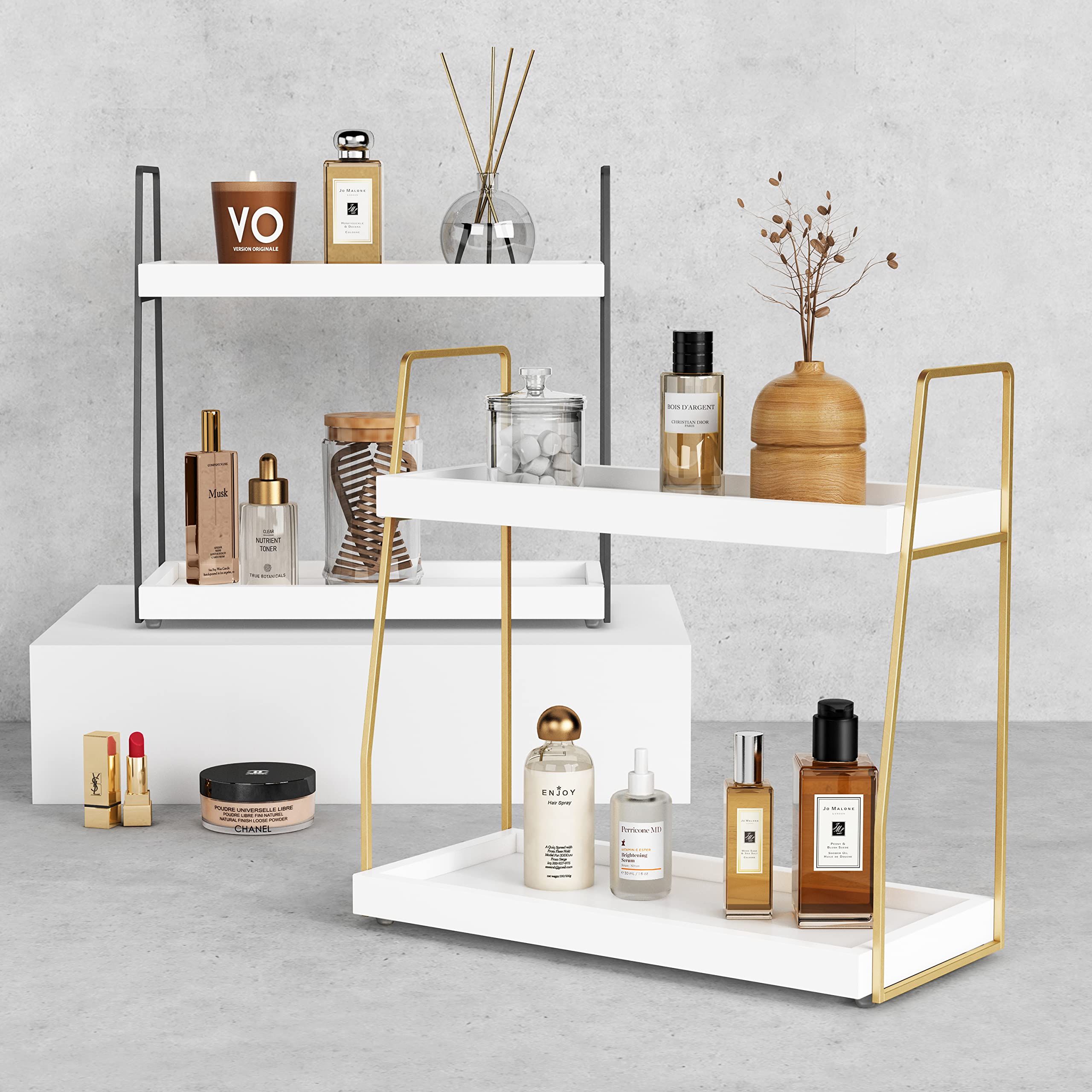 Forbena gold frame detail enhances bathroom storage.