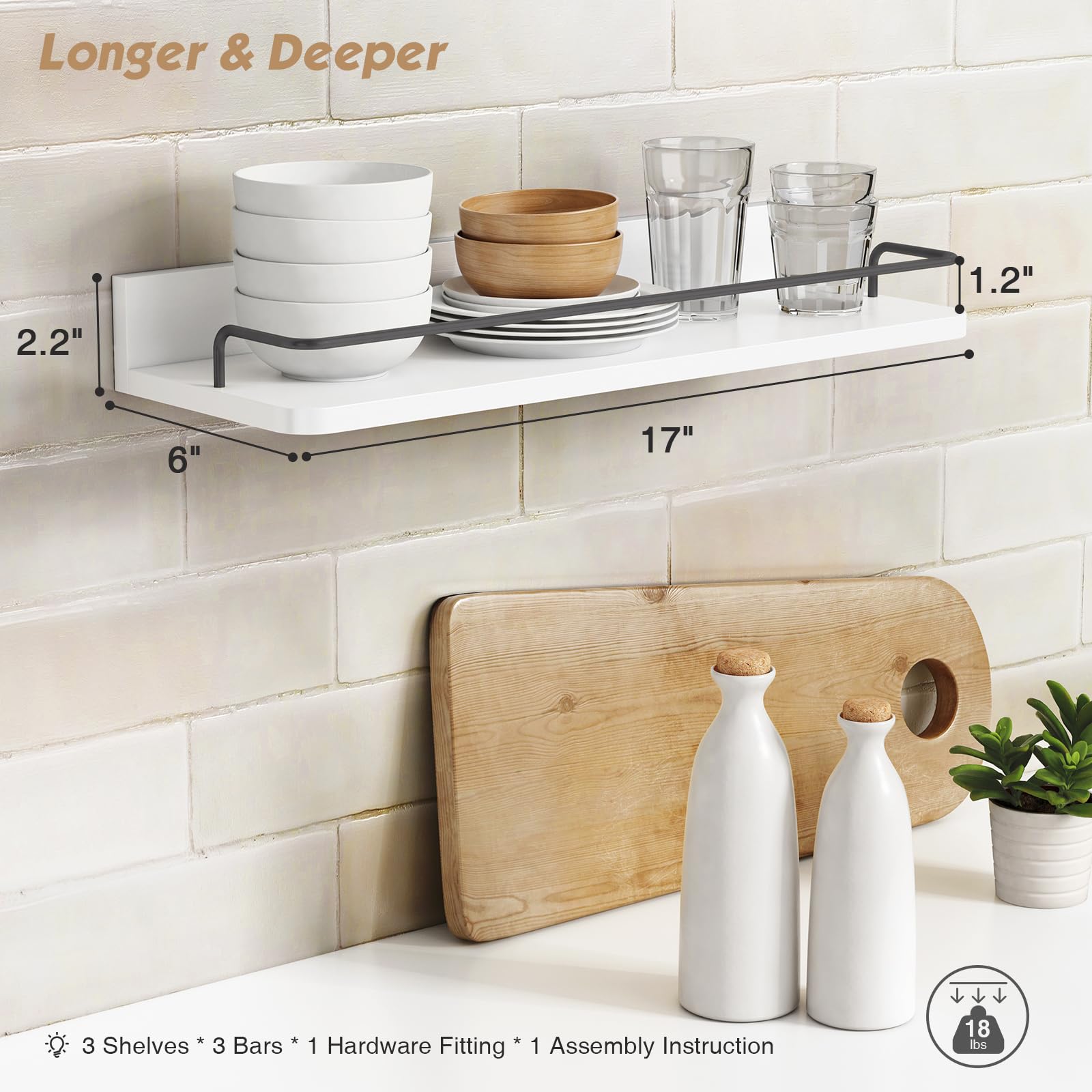 Forbena grey guard rail design on floating shelves prevents items from falling