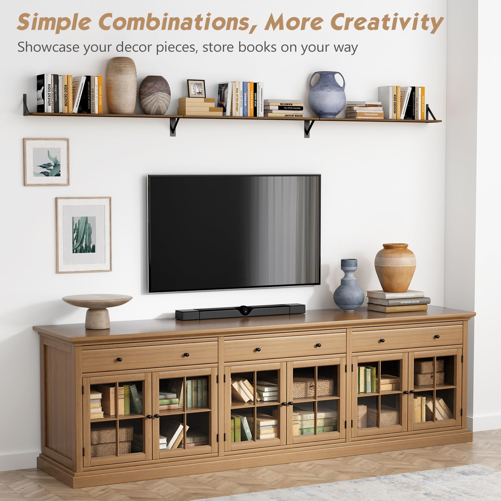 Forbena living room arrangement with plants and frames showcases extended display without clutter.