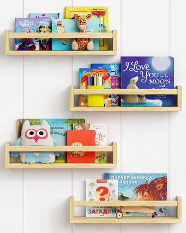 Forbena nursery floating shelves pack4 natural wood, ideal for books and toys.