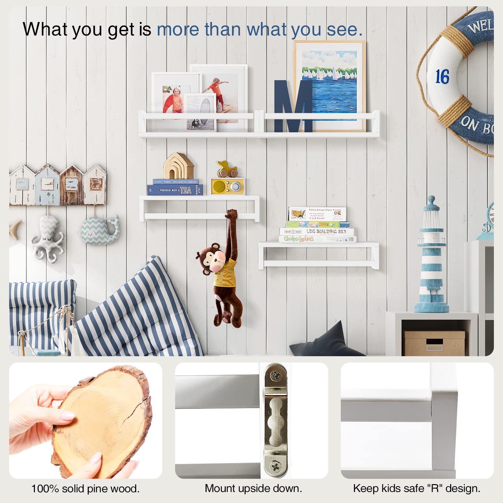 Forbena nursery wall shelves with wooden finish keep children's books within easy reach.