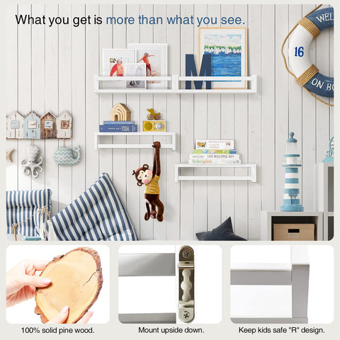 Forbena nursery wall shelves with wooden finish keep children's books within easy reach.