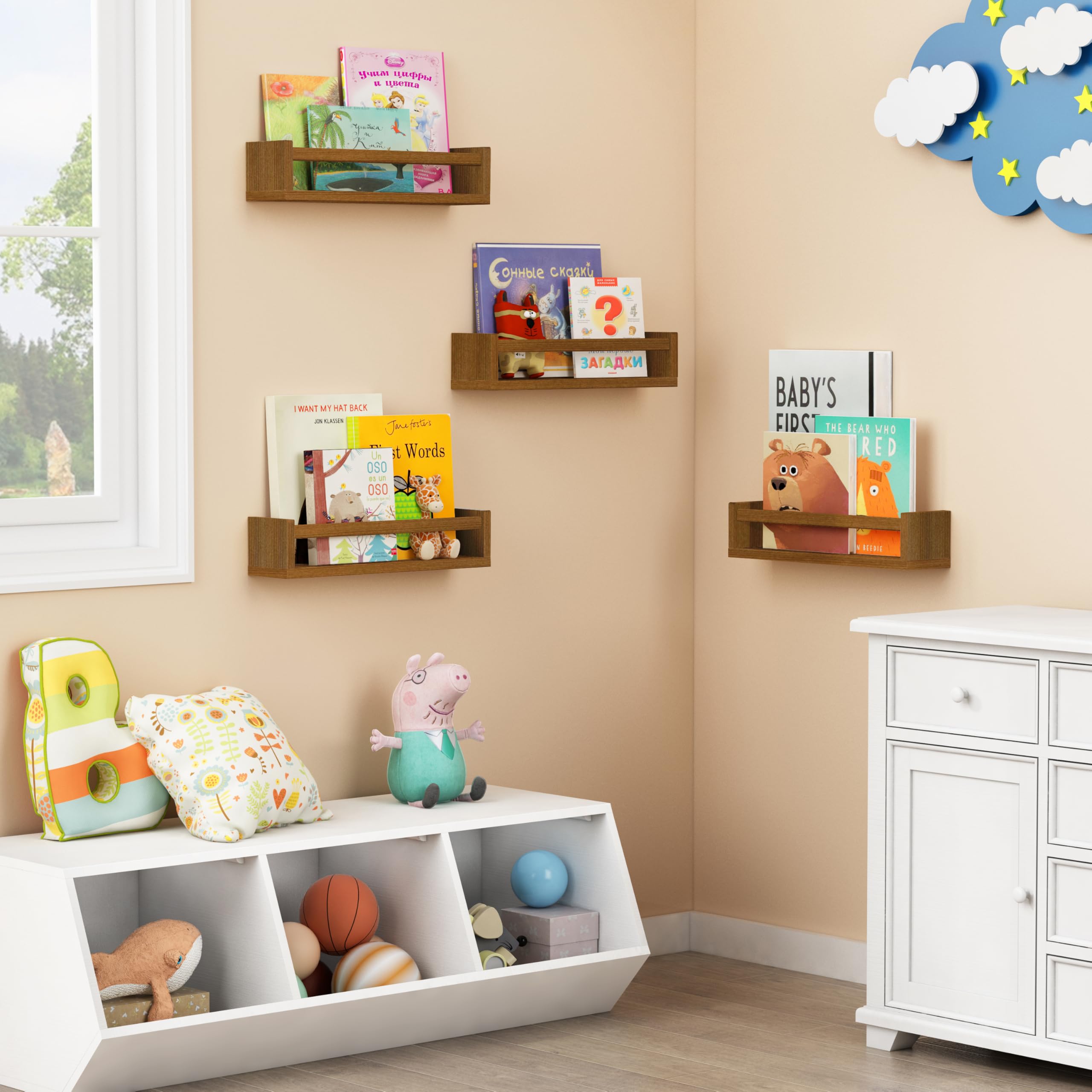 Forbena pine wood floating shelves in walnut finish add tidy storage for books.
