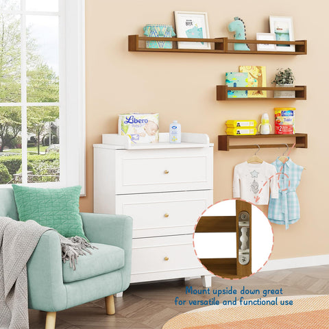 Forbena set of 4 floating shelves arranged in a playroom layout