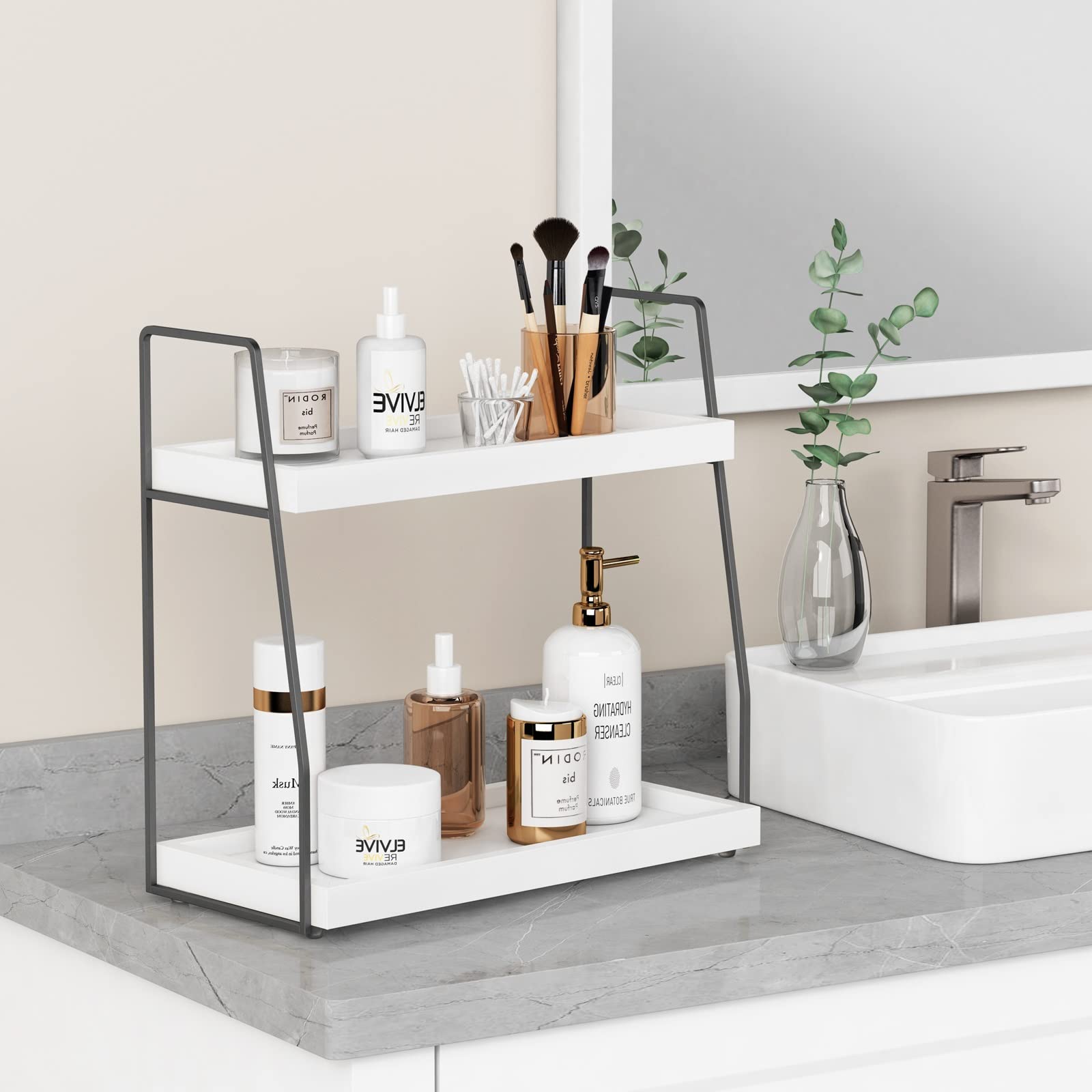 Forbena vanity makeup storage with two tiers keeps cosmetics organized.