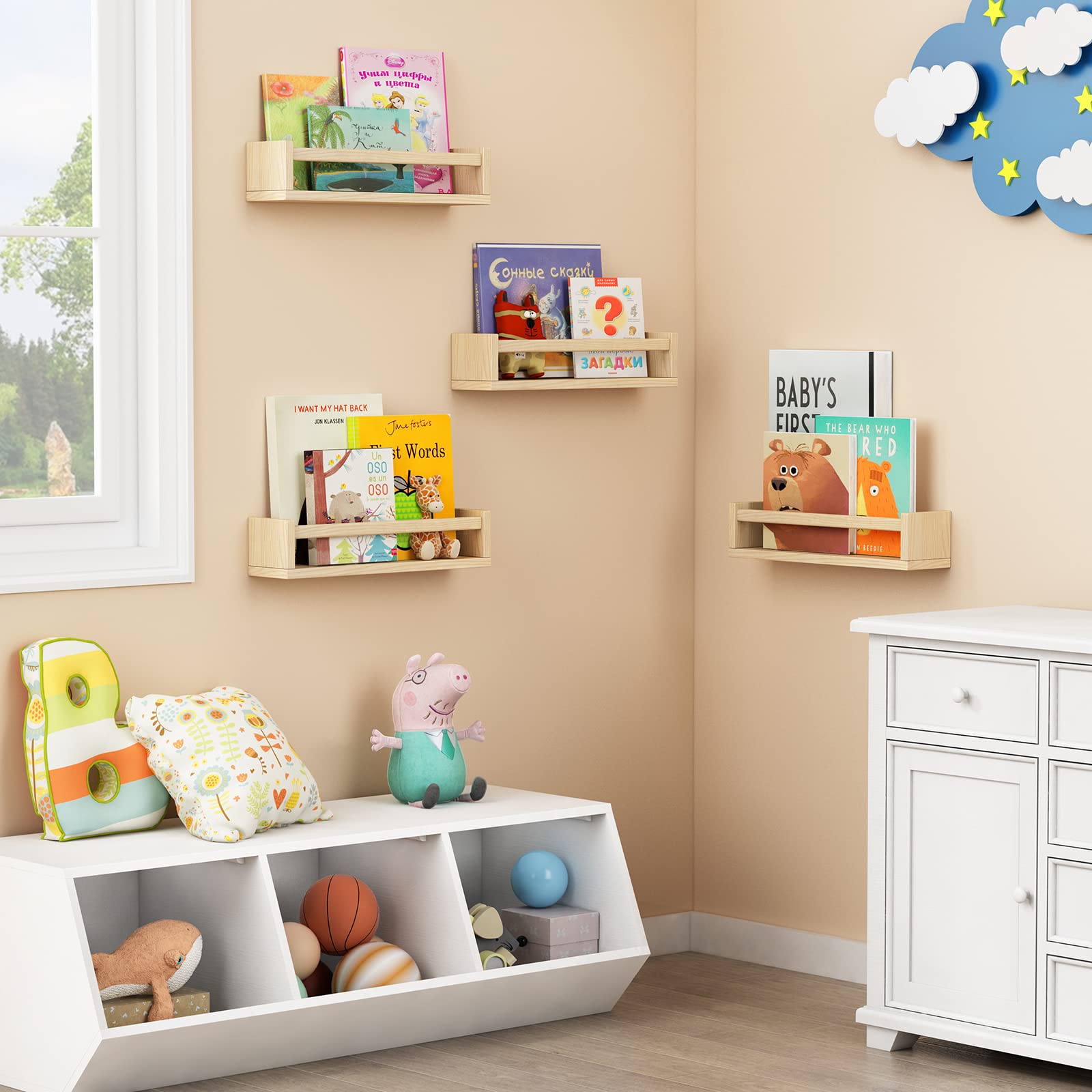 Forbena wall mounted book shelves for kids room, easy reach storage.