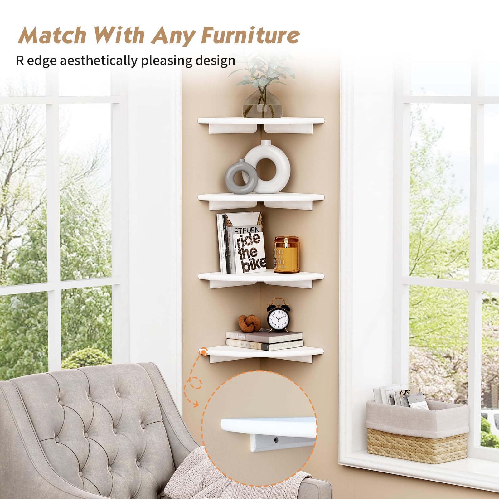 Forbena wall-mounted corner shelves installed with hardware for easy setup.